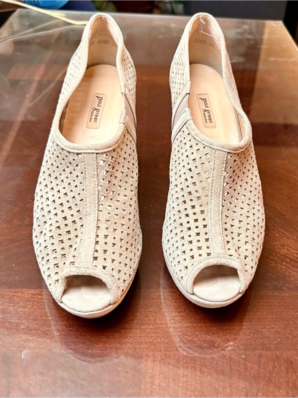 Paul Green Beige Perforated Peep-Toe Slip-On Mules